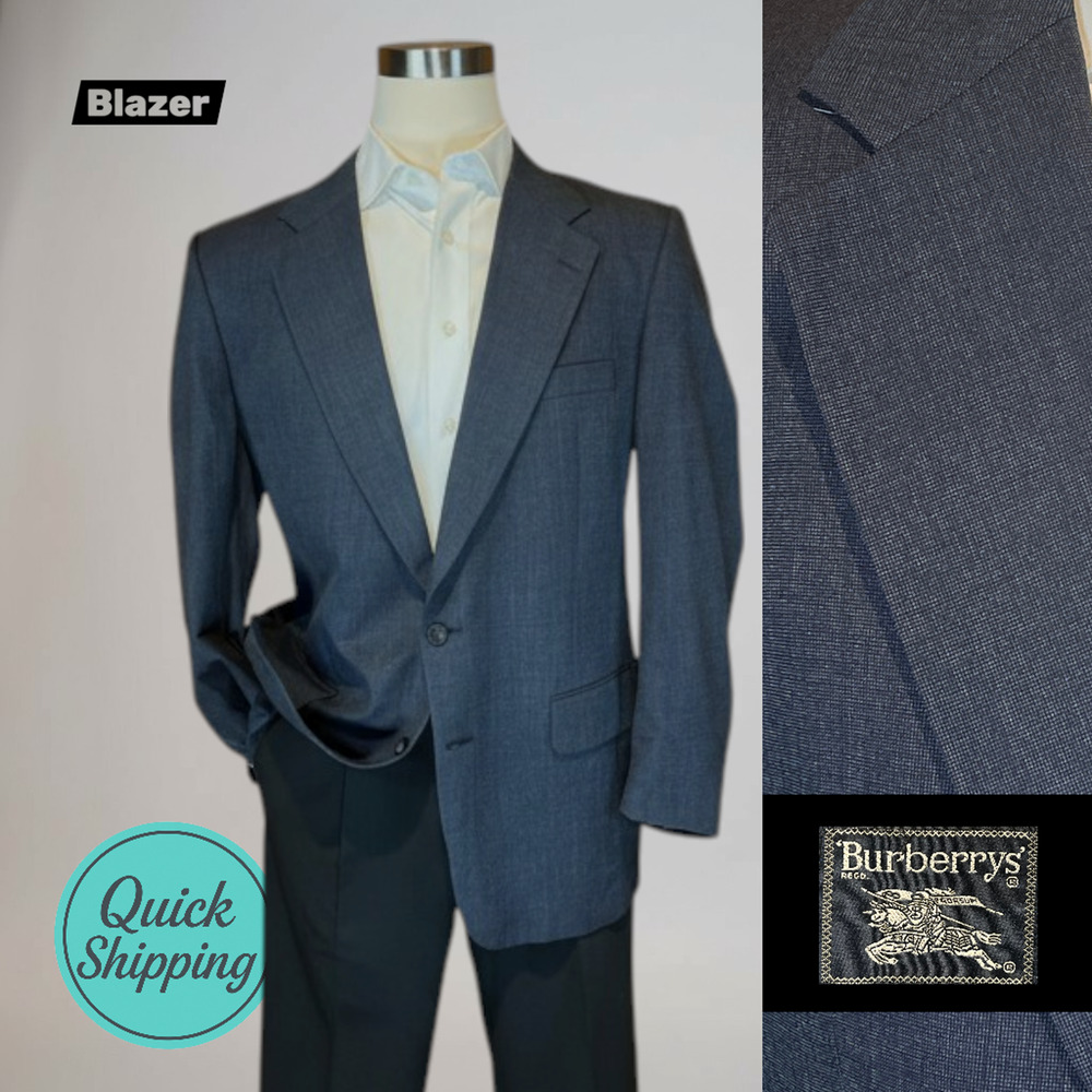 Vintage Burberrys 42-44R Dark Denim Inspired Blue Virgin Wool Blazer Jacket